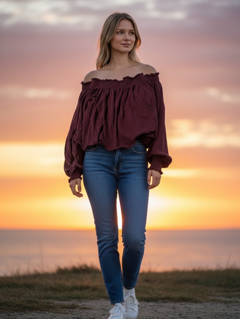 Off-Shoulder Peasant Top in Deep Wine